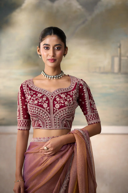 Rose Gold Tissue Embroidery Border Saree