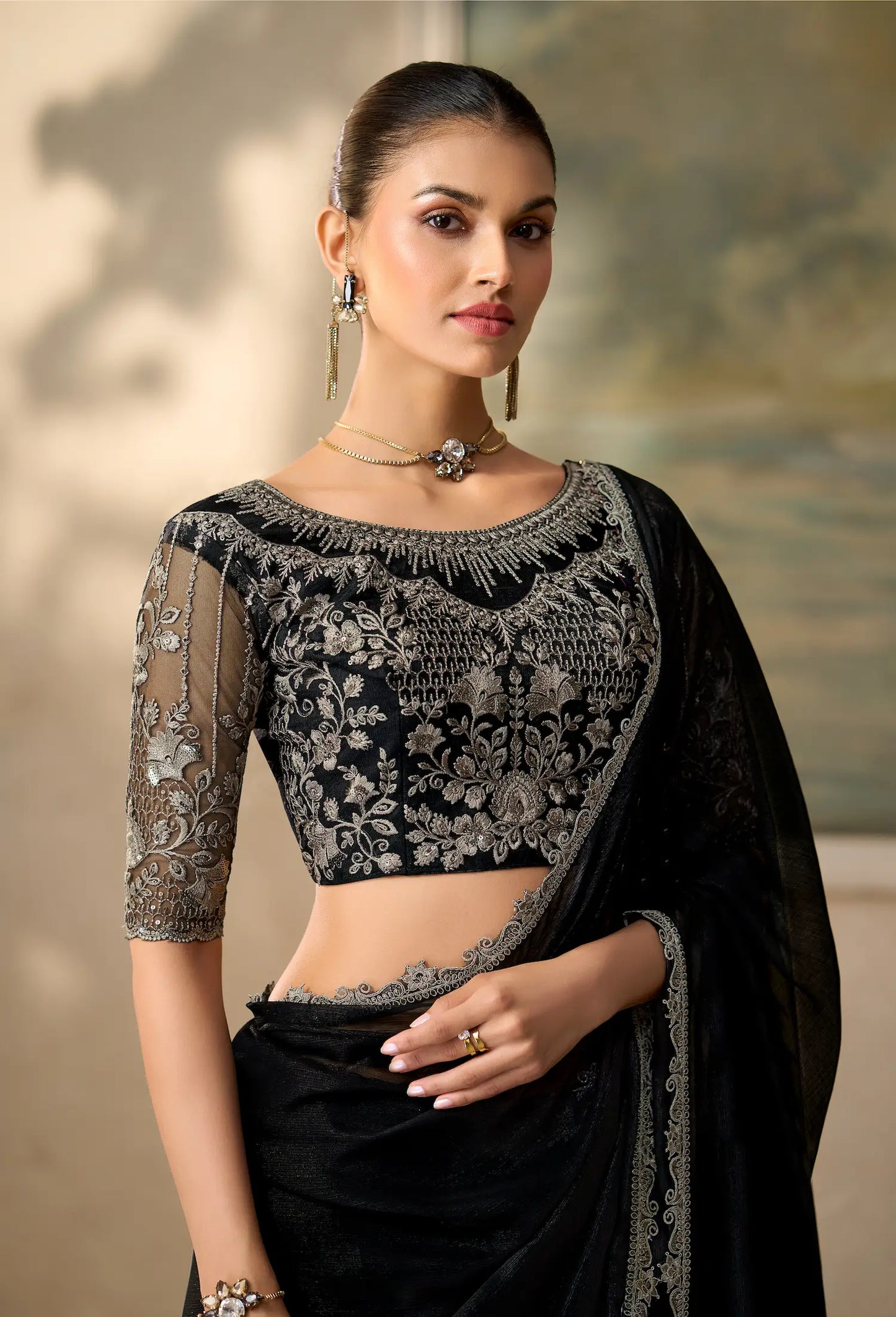 Jade Black Chiffon Embroidery Border Saree