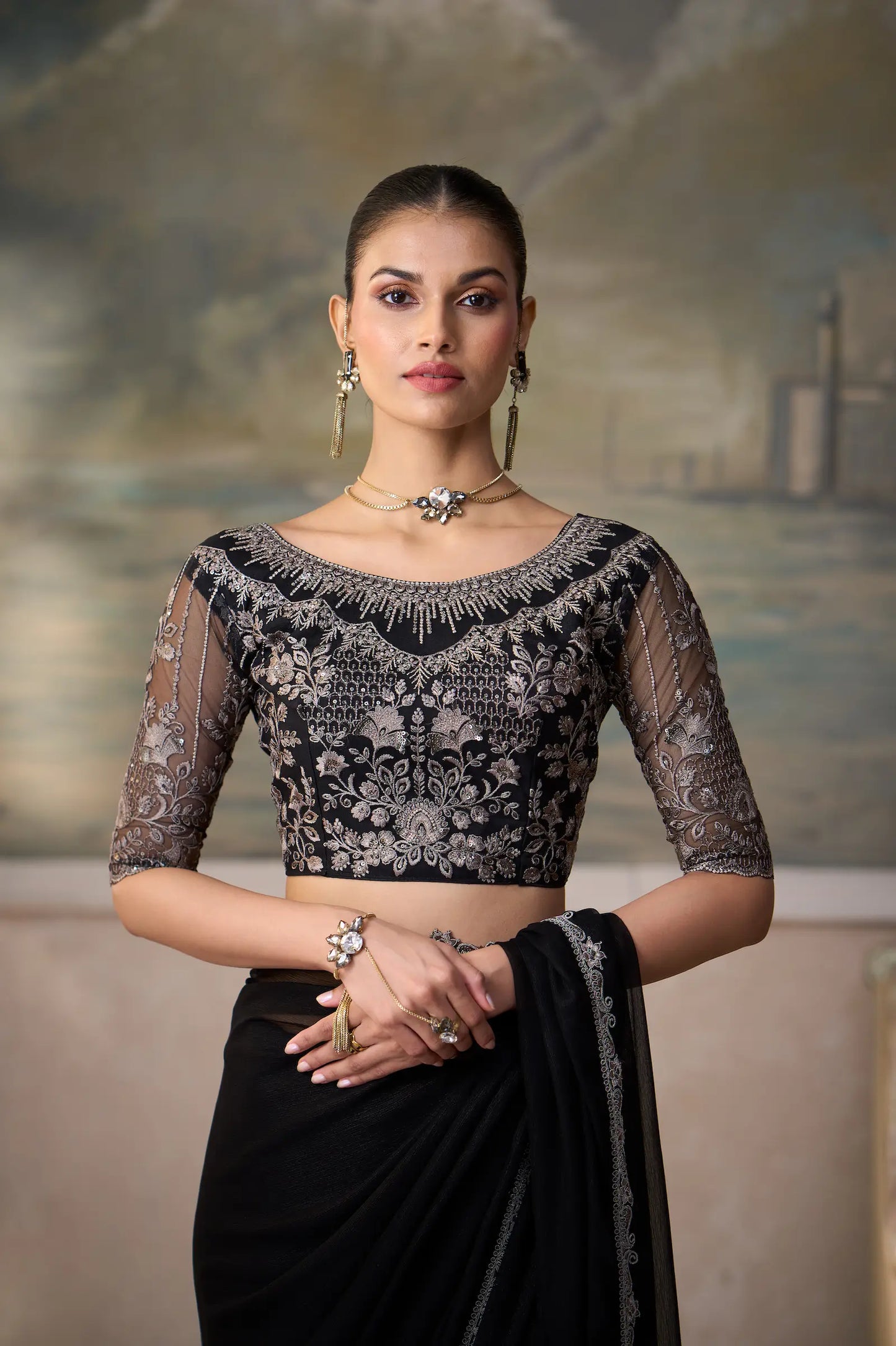 Jade Black Chiffon Embroidery Border Saree