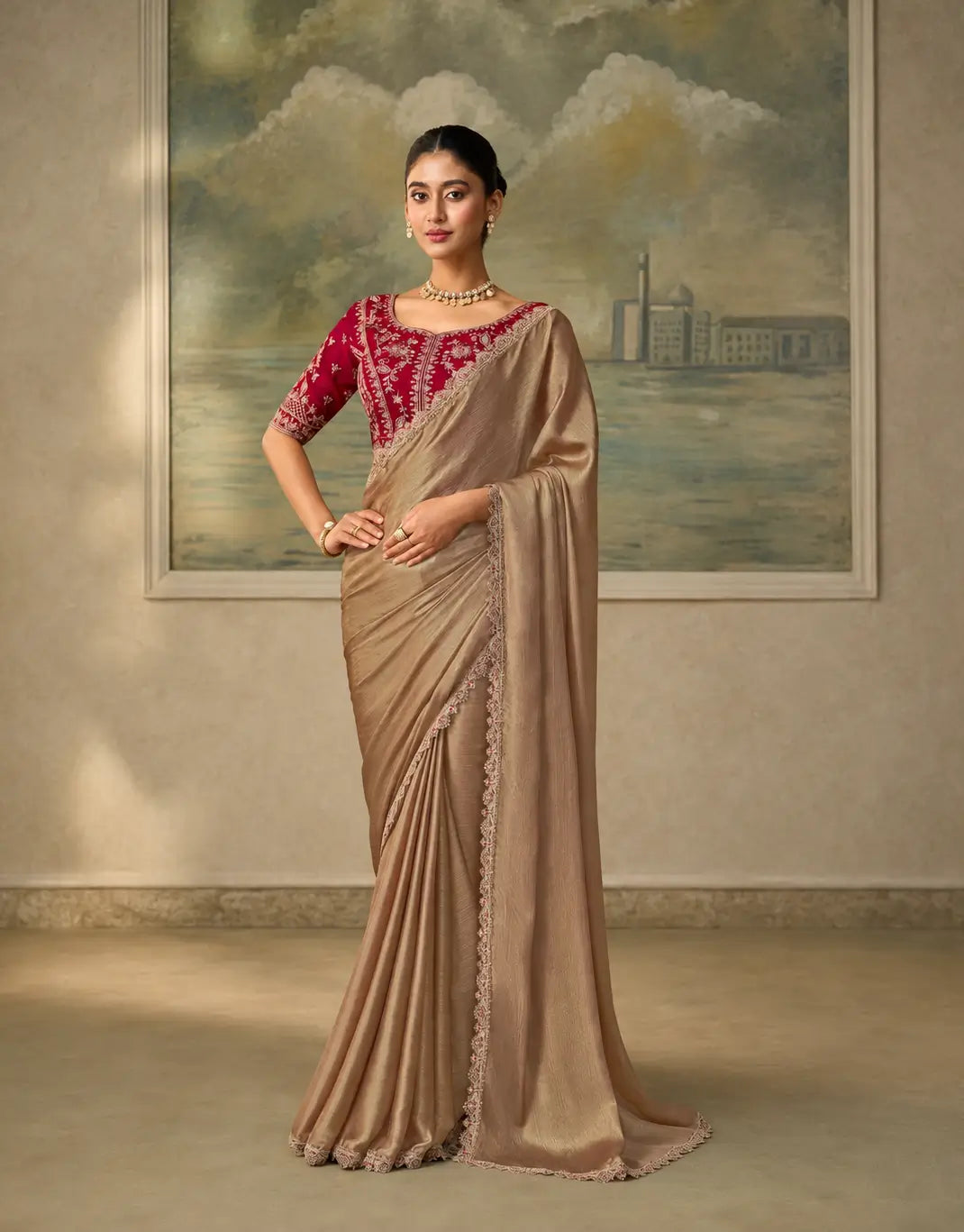 Beige Gold Chiffon Embroidery Border Saree