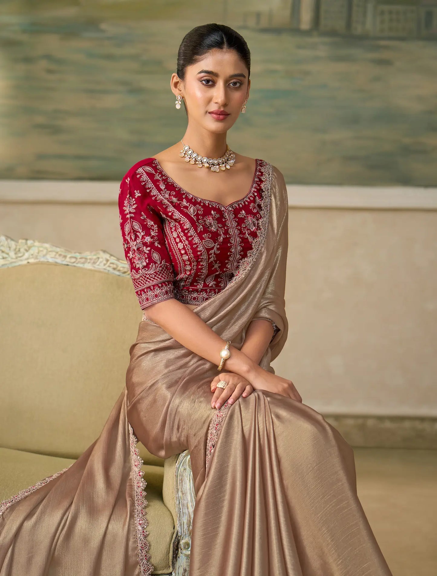 Beige Gold Chiffon Embroidery Border Saree
