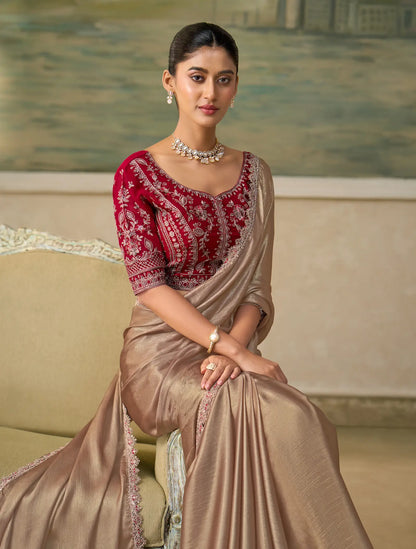 Beige Gold Chiffon Embroidery Border Saree