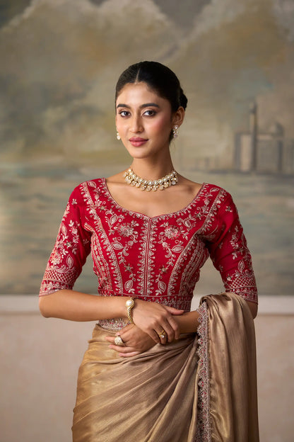 Beige Gold Chiffon Embroidery Border Saree