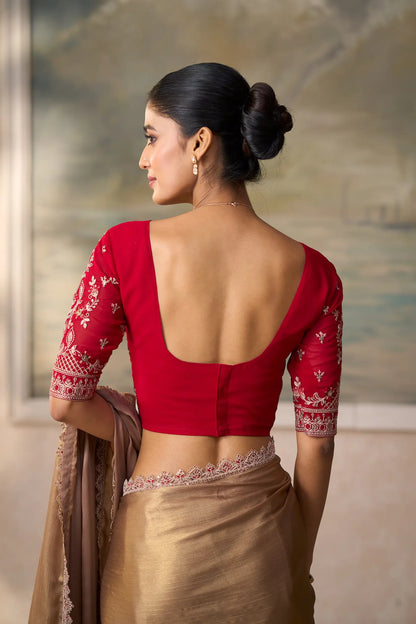 Beige Gold Chiffon Embroidery Border Saree