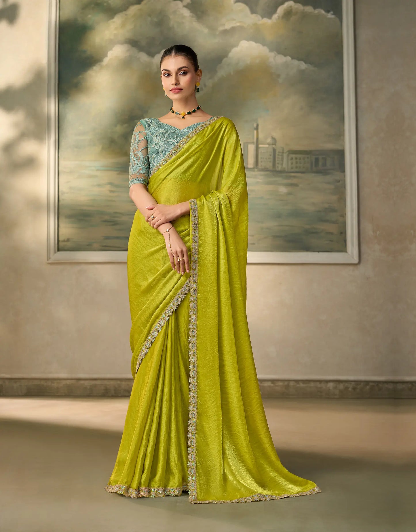 Parrot Green Satin Embroidery Border Saree