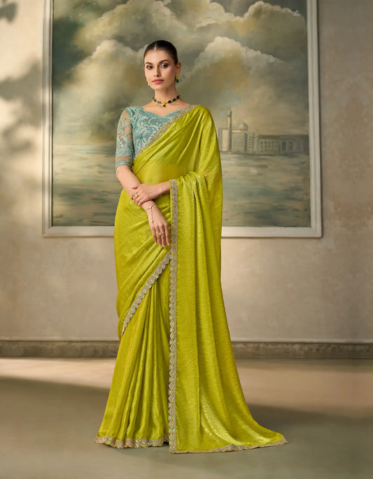 Parrot Green Satin Embroidery Border Saree