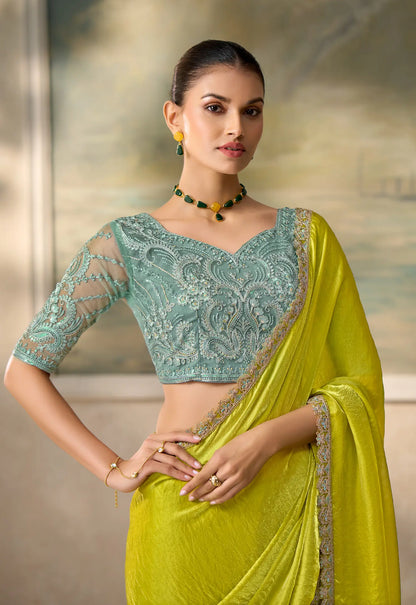 Parrot Green Satin Embroidery Border Saree