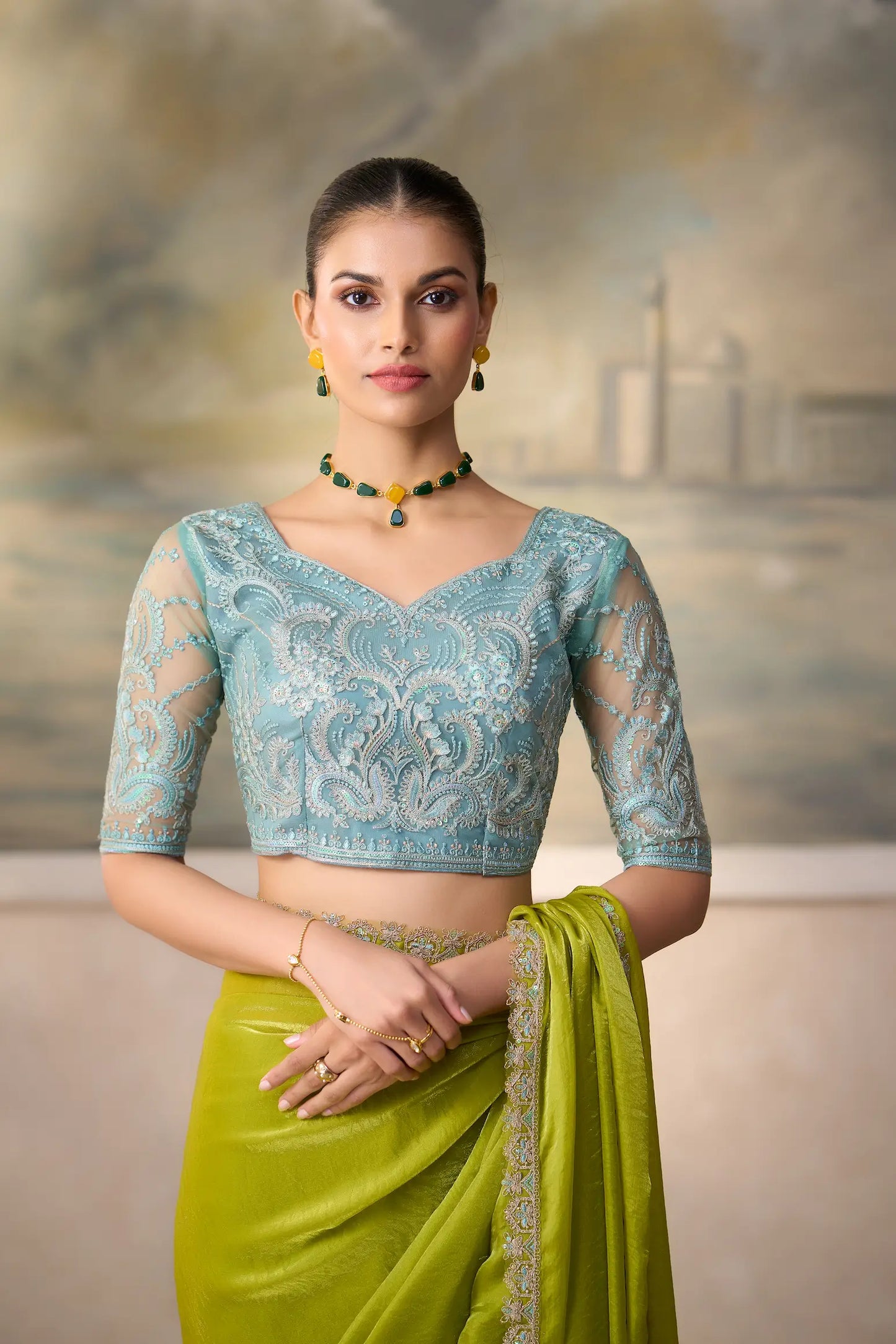 Parrot Green Satin Embroidery Border Saree