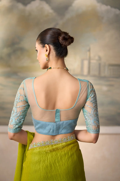 Parrot Green Satin Embroidery Border Saree