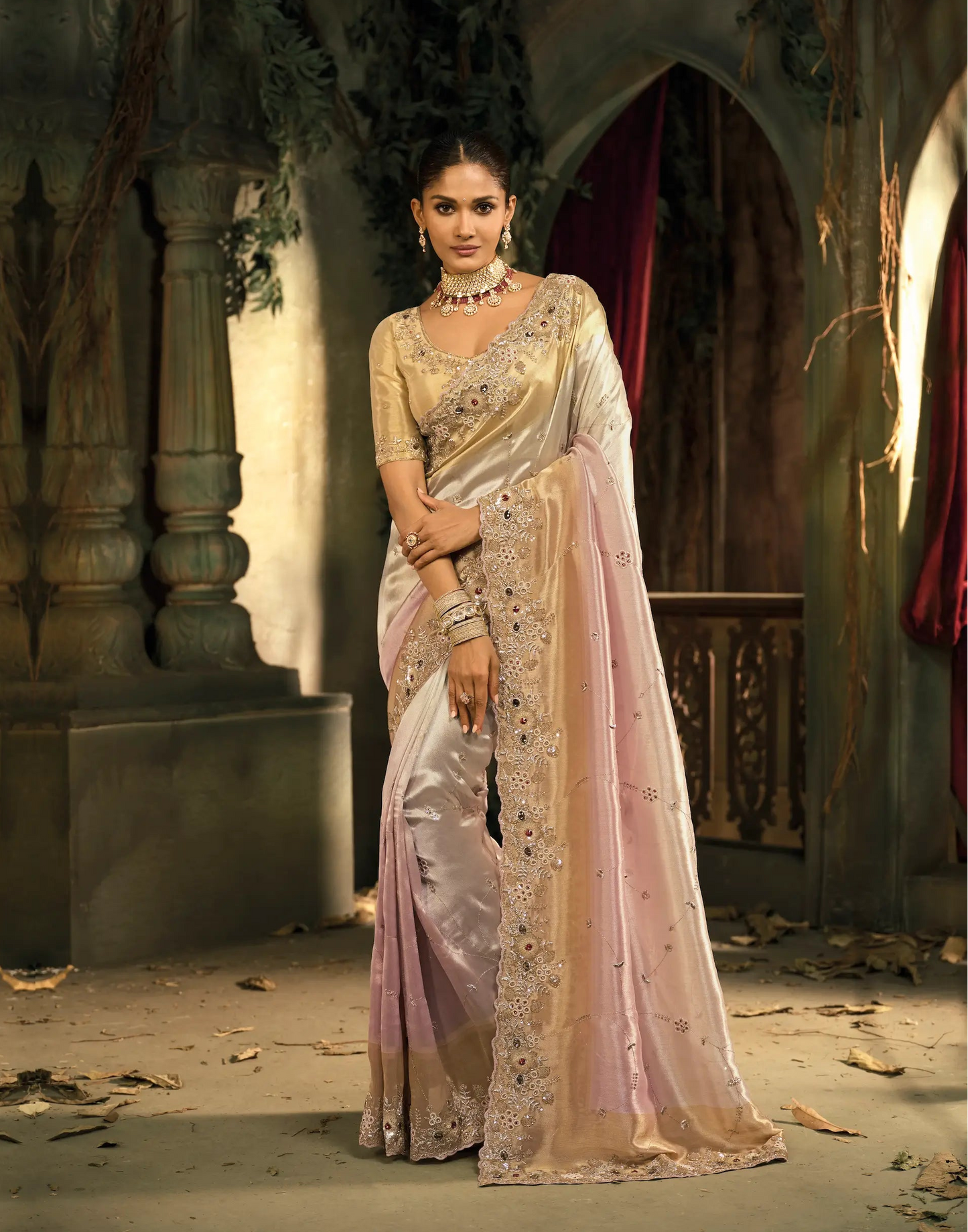 Beige-Pink Silk Heavy Embroidery Saree