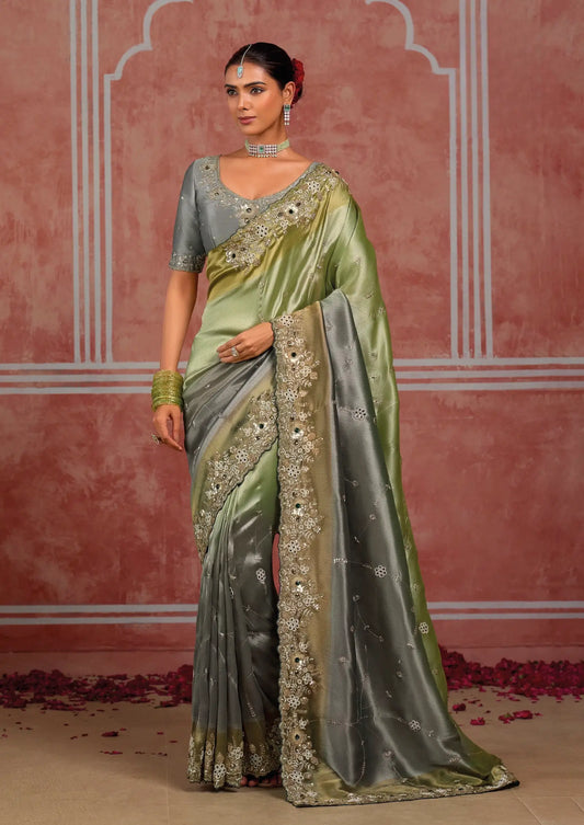 Green-Grey Silk Heavy Embroidery Saree
