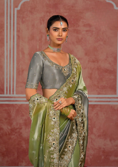 Green-Grey Silk Heavy Embroidery Saree
