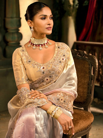 Beige-Pink Silk Heavy Embroidery Saree