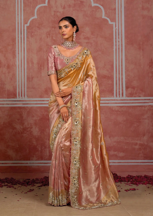 Golden-Pink Silk Heavy Embroidery Saree