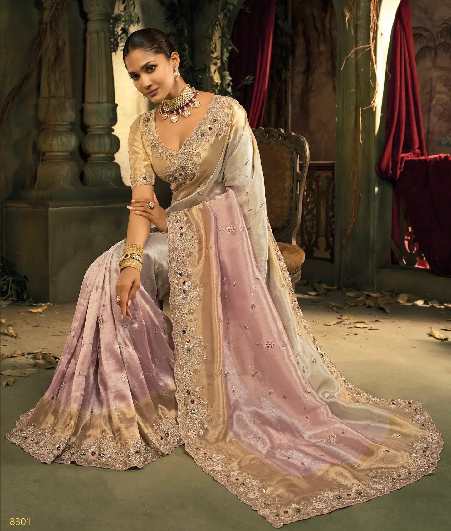 Beige-Pink Silk Heavy Embroidery Saree