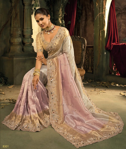 Beige-Pink Silk Heavy Embroidery Saree