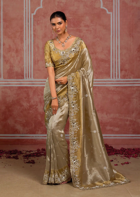 Golden-Silver Silk Heavy Embroidery Saree