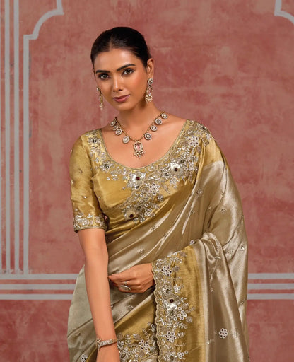 Golden-Silver Silk Heavy Embroidery Saree