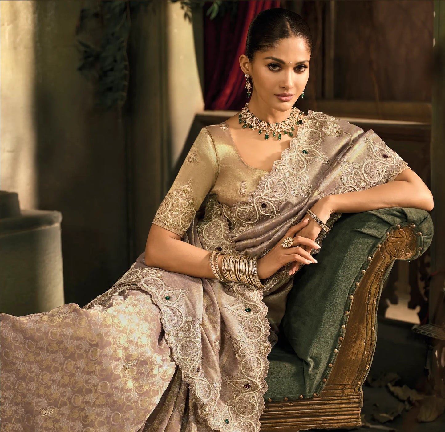 Rosy Brown Silk Heavy Embroidery Saree