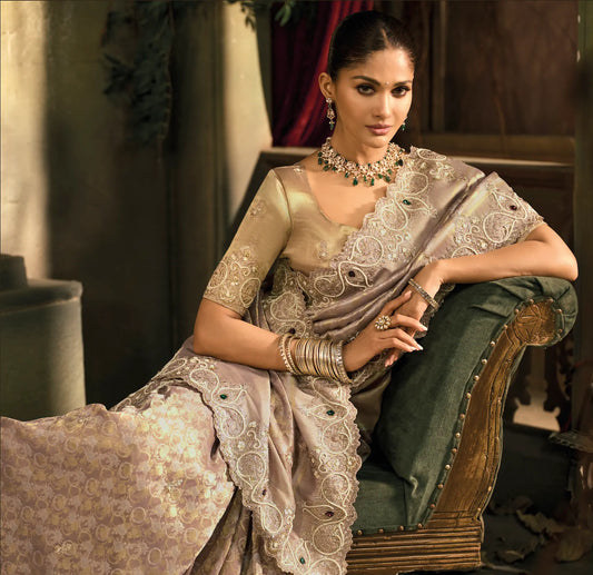 Rosy Brown Silk Heavy Embroidery Saree