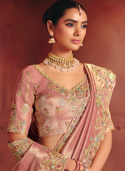 Rose Pink Zari Silk Heavy Embroidery Saree