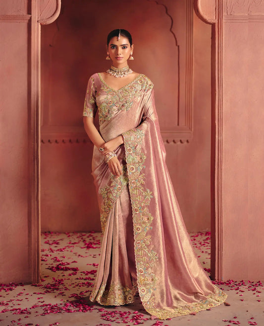 Rose Pink Zari Silk Heavy Embroidery Saree