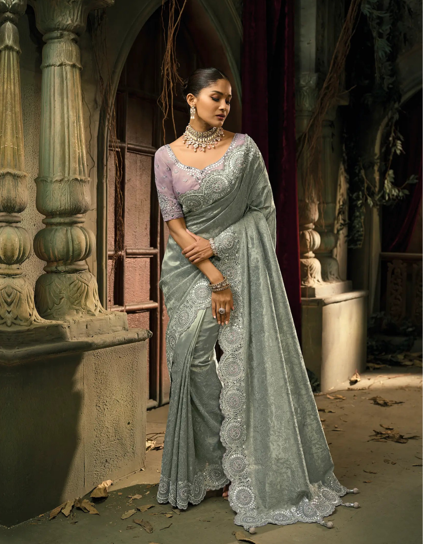 Smoky Grey Silk Heavy Embroidery Saree