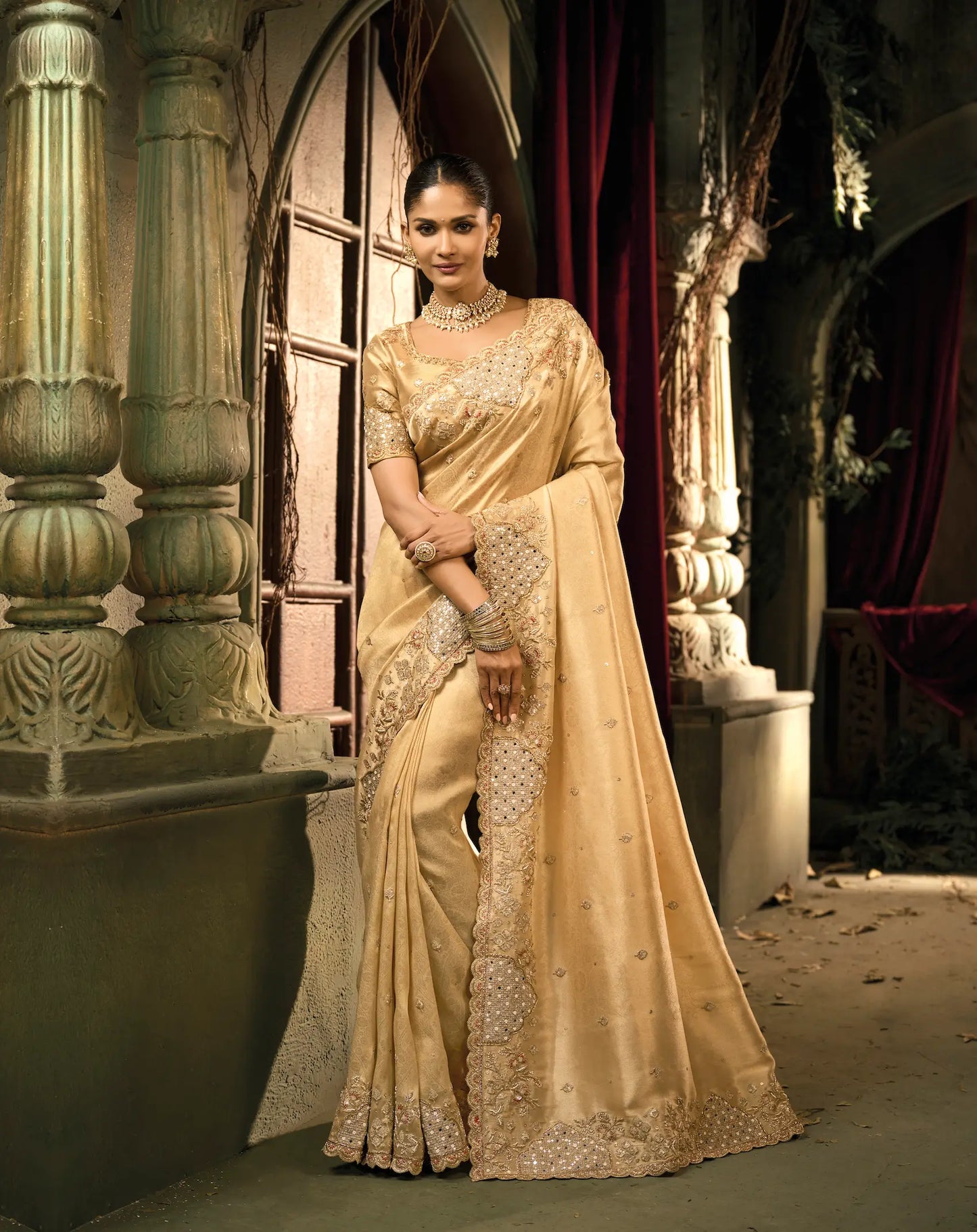 Dark Beige Silk Heavy Embroidery Saree