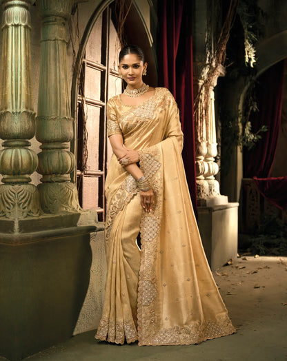 Dark Beige Silk Heavy Embroidery Saree
