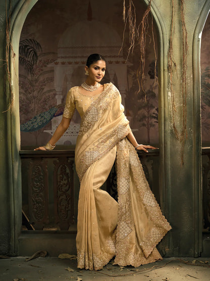 Dark Beige Silk Heavy Embroidery Saree