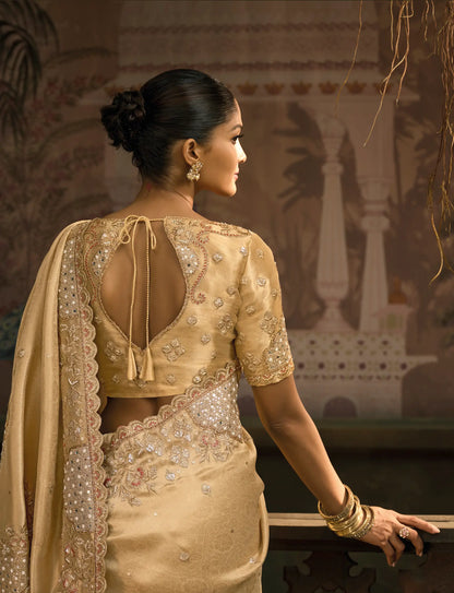 Dark Beige Silk Heavy Embroidery Saree