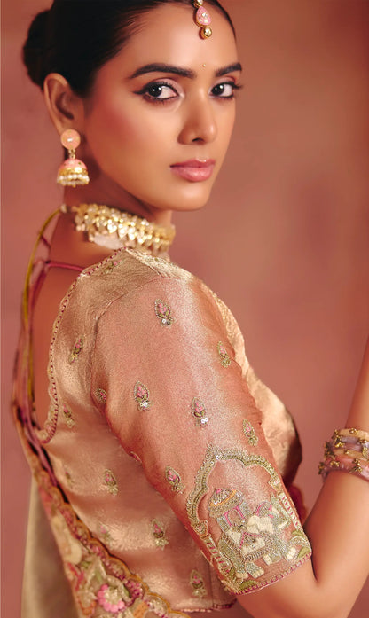 Ivory Gold Zari Silk Heavy Embroidery Saree