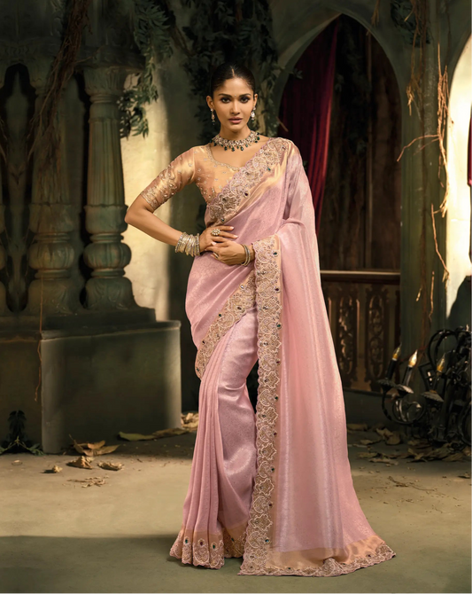 Rose Pink Silk Heavy Embroidery Saree