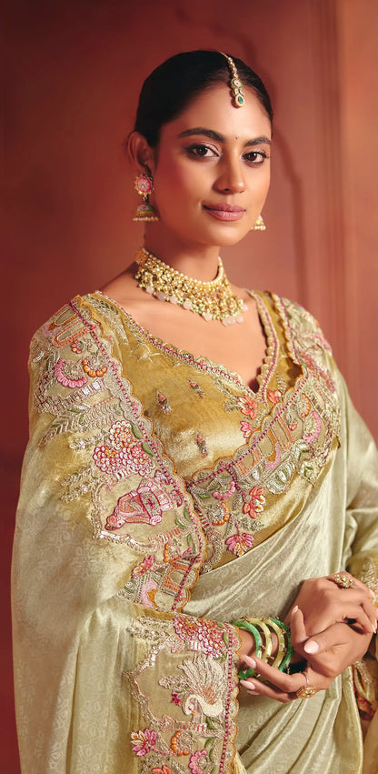 Golden Beige Zari Silk Heavy Embroidery Saree
