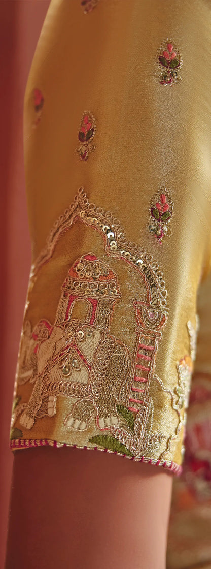 Golden Beige Zari Silk Heavy Embroidery Saree