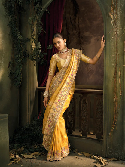Mustard Yellow Silk Heavy Embroidery Saree