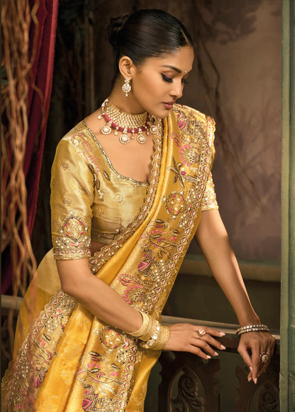 Mustard Yellow Silk Heavy Embroidery Saree