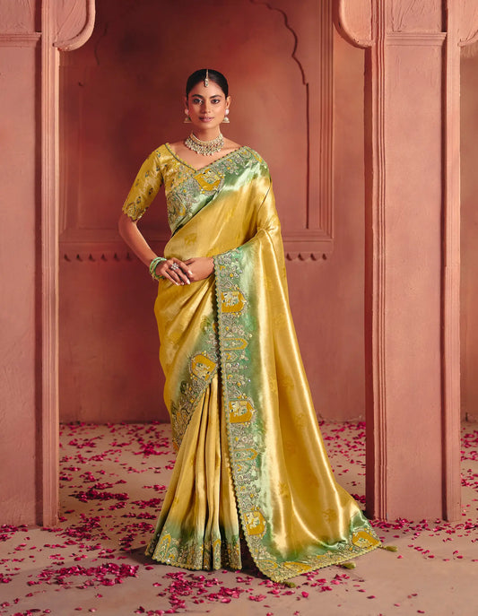 Mustard Gold Zari Silk Heavy Embroidery Saree
