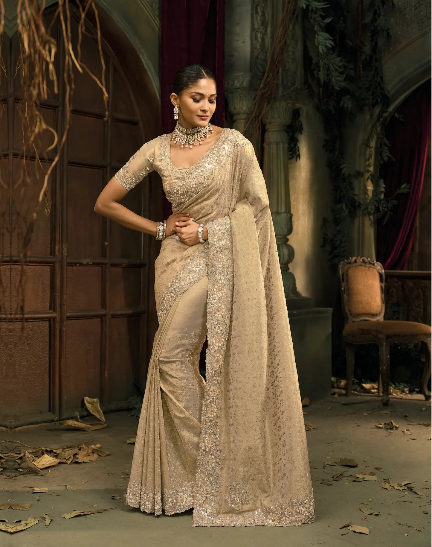 Ivory Gold Silk Heavy Embroidery Saree