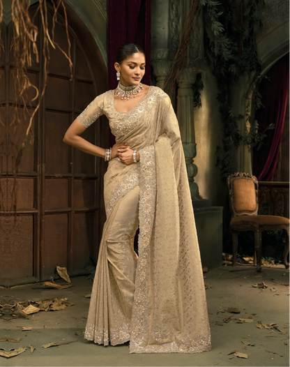 Ivory Gold Silk Heavy Embroidery Saree