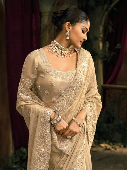 Ivory Gold Silk Heavy Embroidery Saree