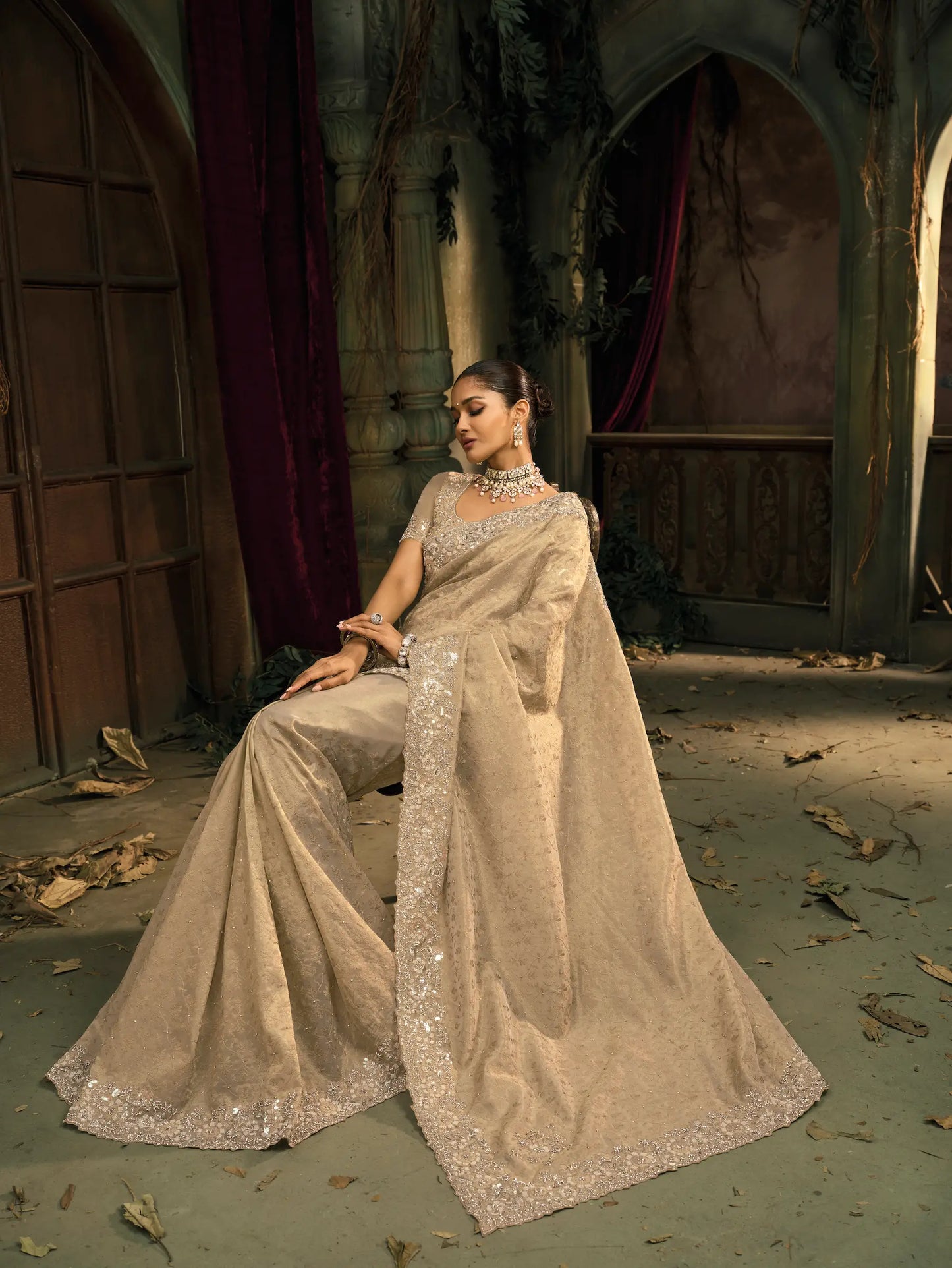 Ivory Gold Silk Heavy Embroidery Saree