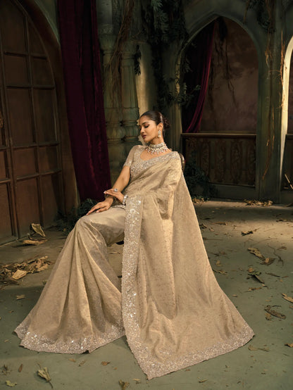 Ivory Gold Silk Heavy Embroidery Saree