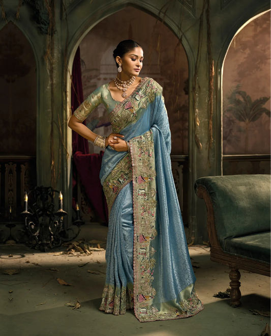 Sea Blue Silk Heavy Embroidery Saree
