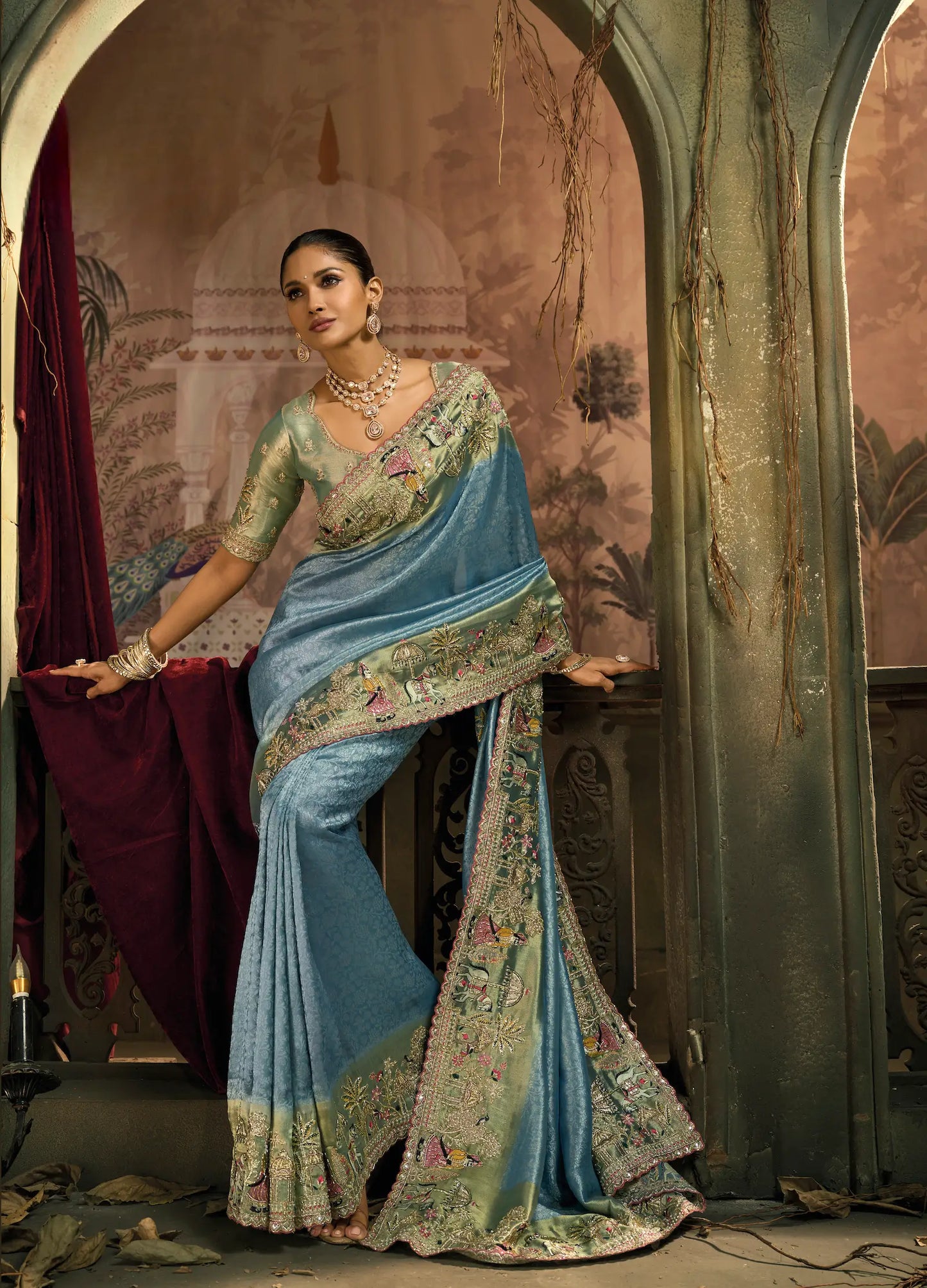Sea Blue Silk Heavy Embroidery Saree