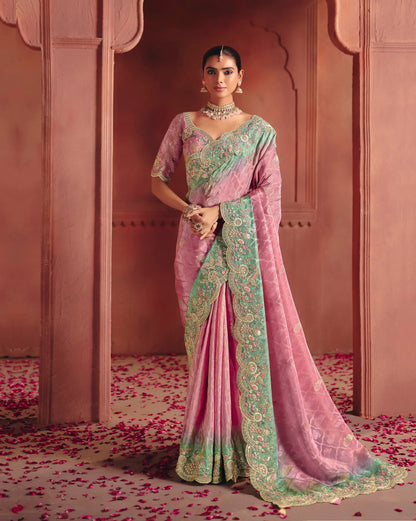 Blush Pink Zari Silk Heavy Embroidery Saree