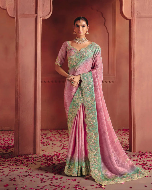 Blush Pink Zari Silk Heavy Embroidery Saree