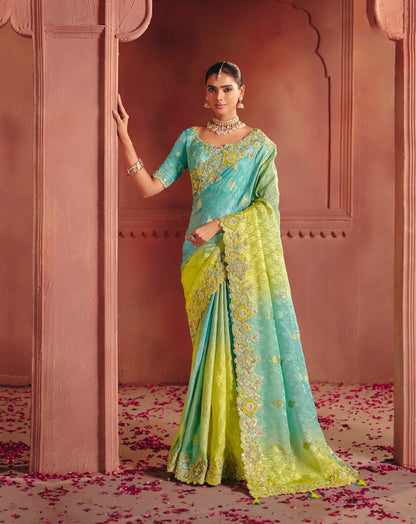 Blue-Yellow Zari Silk Heavy Embroidery Saree