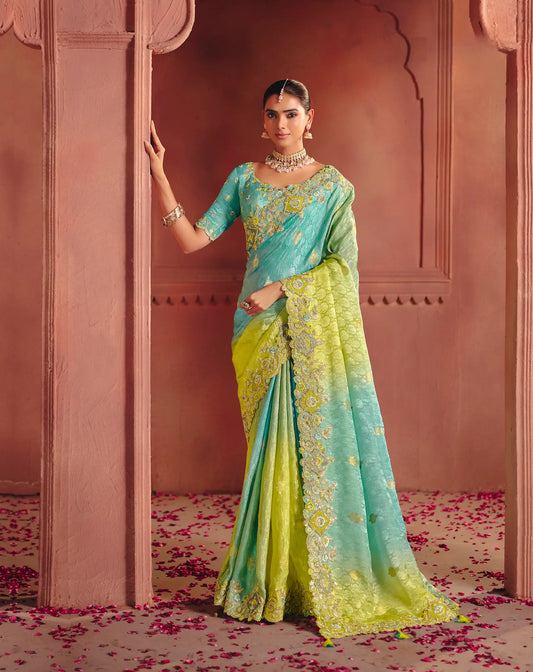 Blue-Yellow Zari Silk Heavy Embroidery Saree