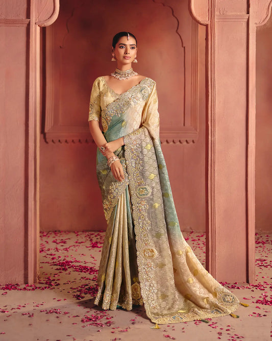 Beige-Brown Zari Silk Heavy Embroidery Saree